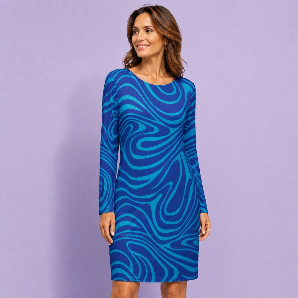 Julie Dillon Shift Dress Womens 6 Blue Abstract Swirl Long Sleeve Stretch Jersey